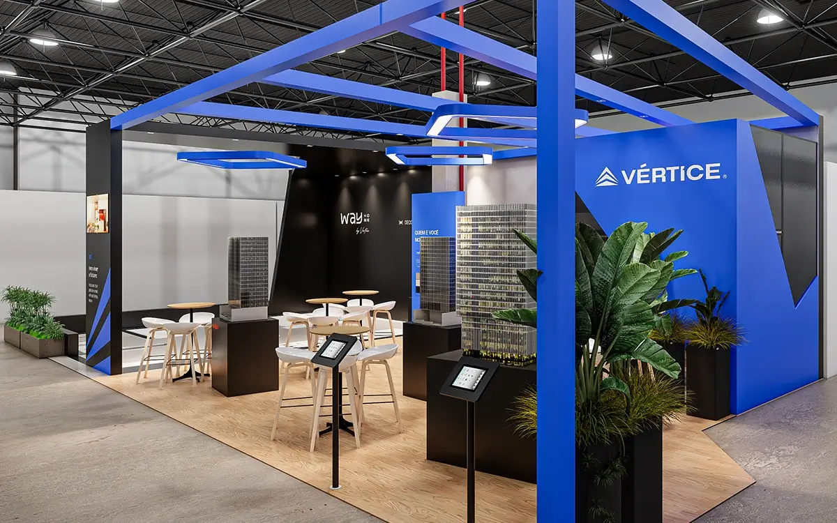 Decorado virtual do Way Home em Realidade Virtual no stand da Construtora Vértice