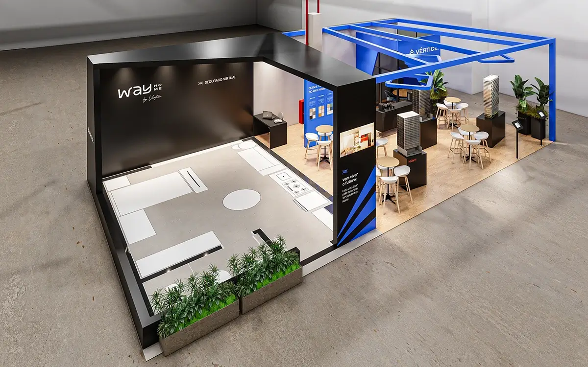 Decorado virtual do Way Home em Realidade Virtual no stand da Construtora Vértice